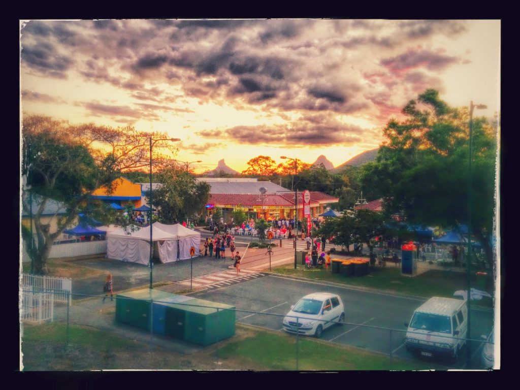 Sunset with the Glasshouse Mountains behind at the Beerwah Street Party 2014