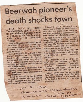Victor Donald Smith a Pioneer of Beerwah RIP 02-01-1901 to 21-07-2015