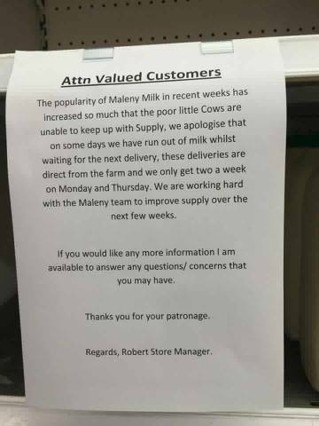 Maleny Dairies Note to Customers